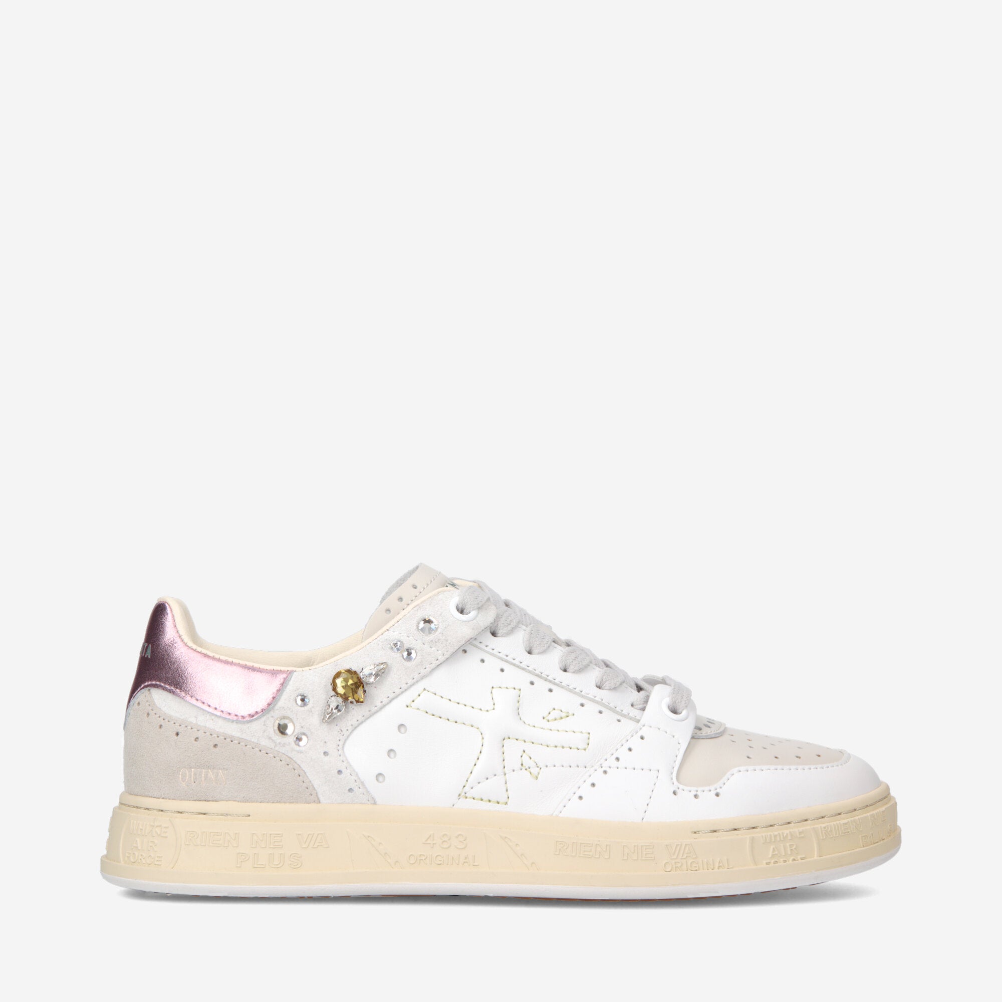 Quinn Premiata Women's Timeless White Leather Sneaker With Crystals